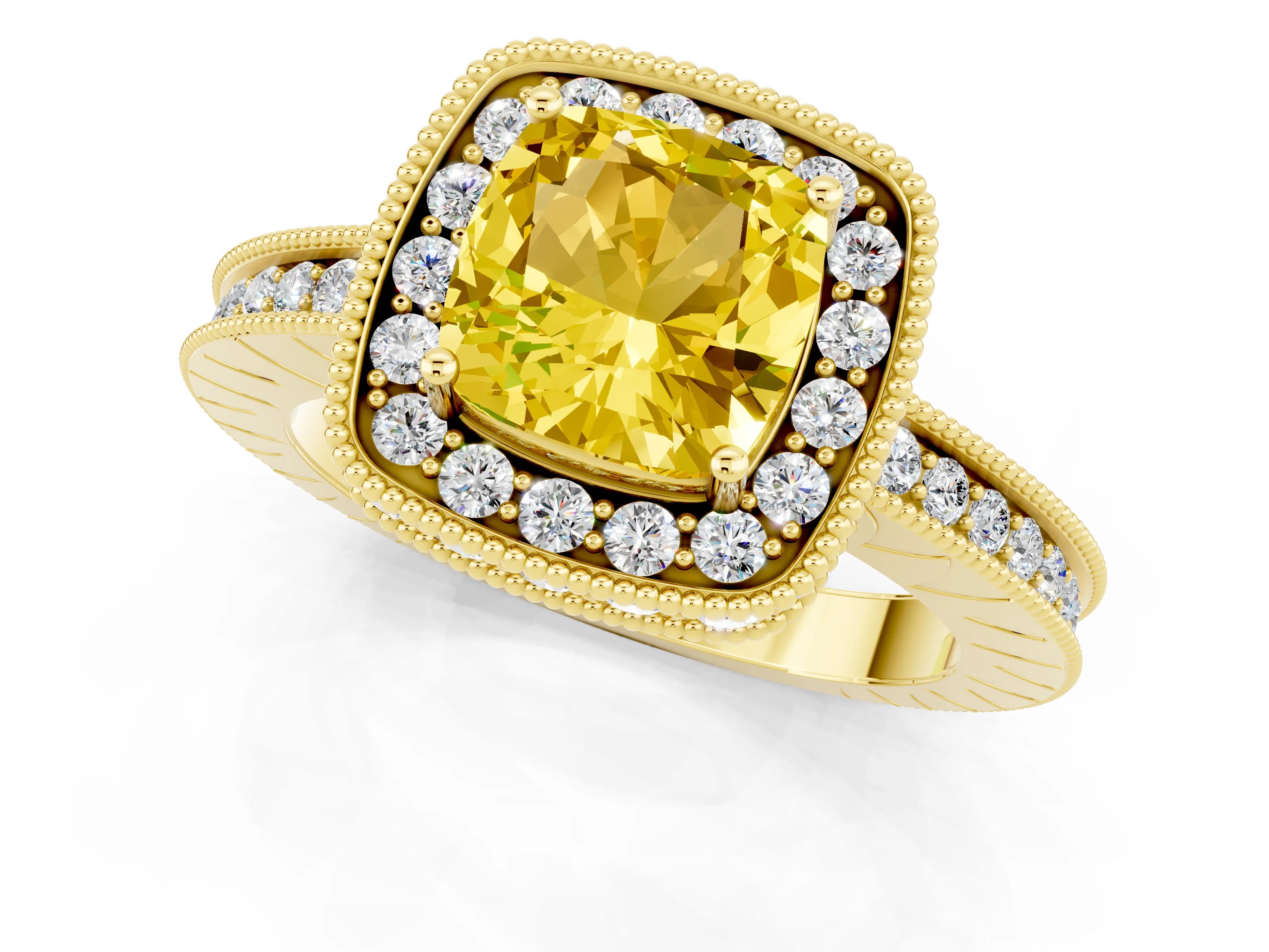 Yellow gold Cushion Cut Halo Diamond Engagement Ring with Milgrain Pave Band and Four-Prong Setting_1