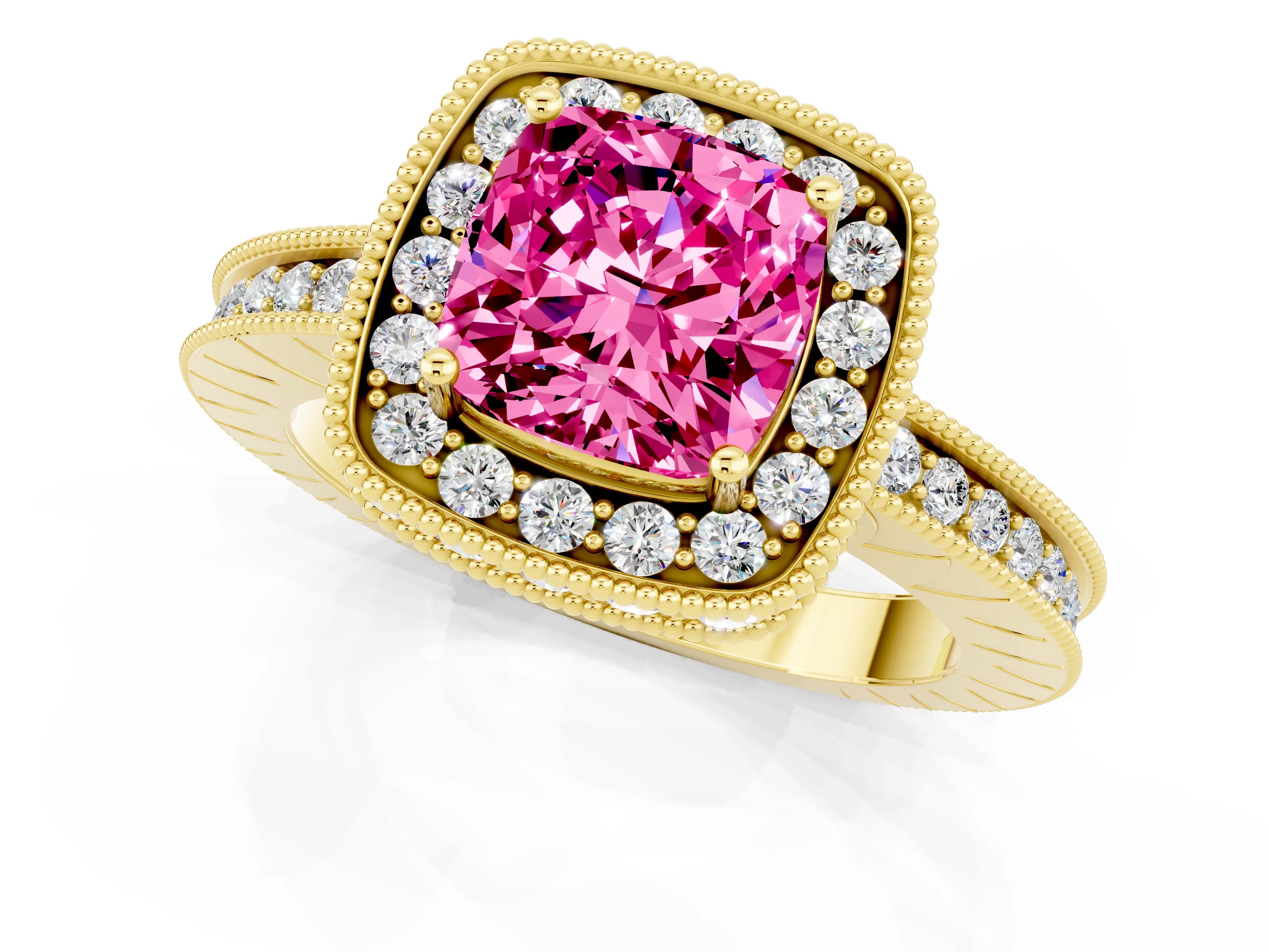 Yellow gold Cushion Cut Halo Diamond Engagement Ring with Milgrain Pave Band and Four-Prong Setting_1