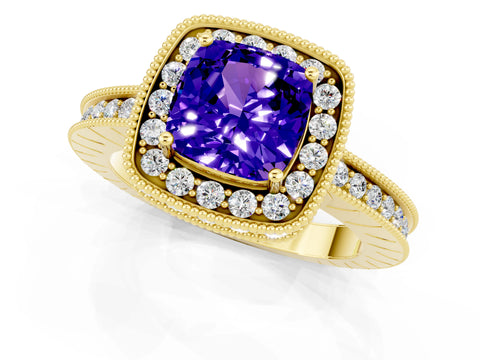 Yellow gold Cushion Cut Halo Diamond Engagement Ring with Milgrain Pave Band and Four-Prong Setting_1