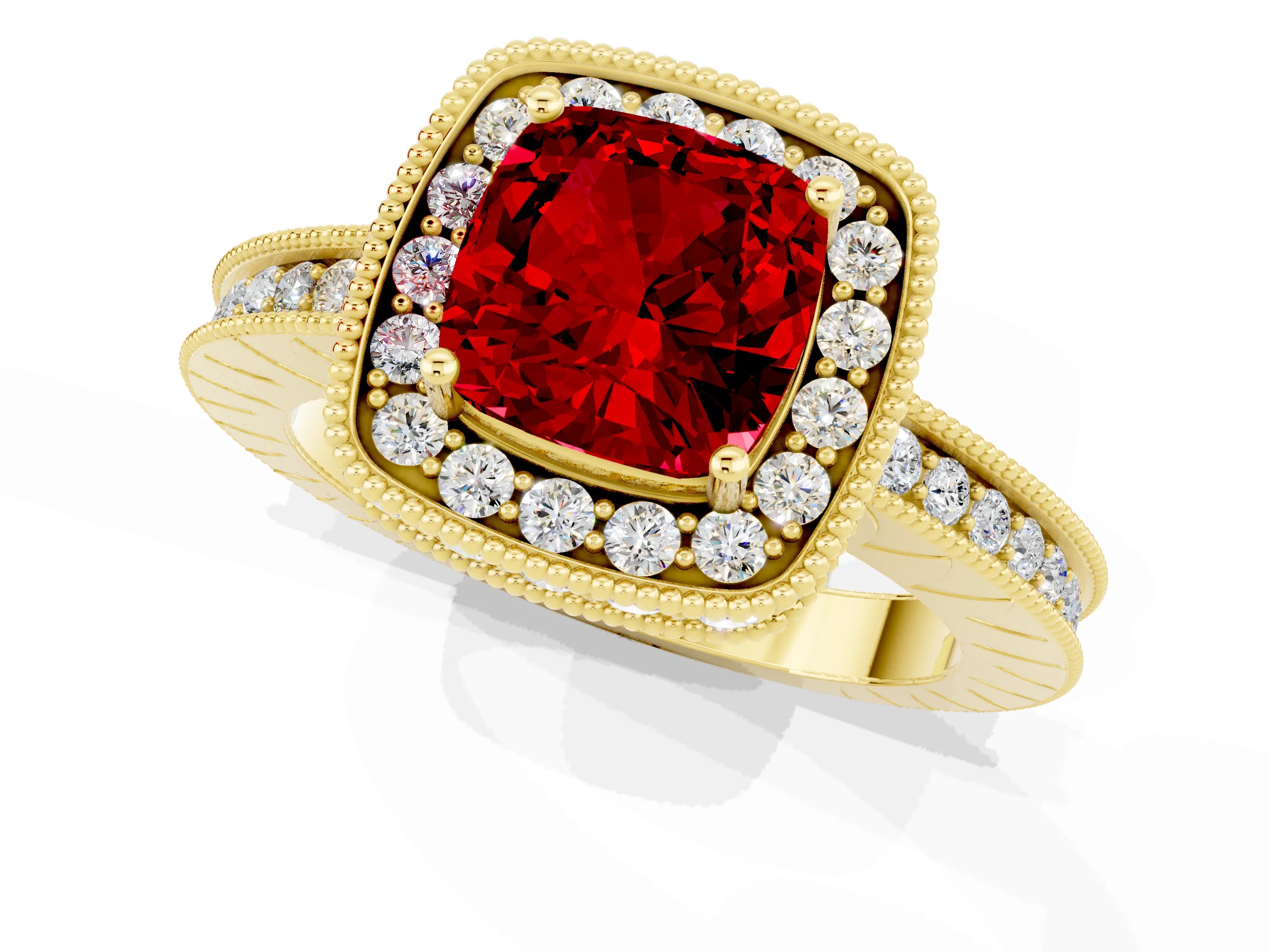 Yellow gold Cushion Cut Halo Diamond Engagement Ring with Milgrain Pave Band and Four-Prong Setting_1