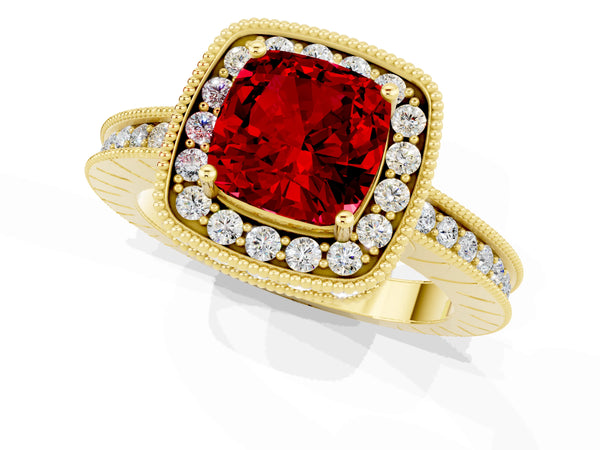 Yellow gold Cushion Cut Halo Diamond Engagement Ring with Milgrain Pave Band and Four-Prong Setting