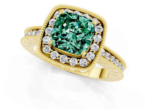 Yellow gold Cushion Cut Halo Diamond Engagement Ring with Milgrain Pave Band and Four-Prong Setting_1