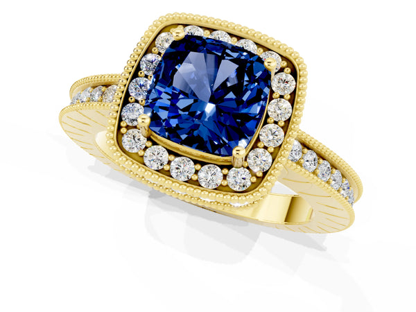Yellow gold Cushion Cut Halo Diamond Engagement Ring with Milgrain Pave Band and Four-Prong Setting