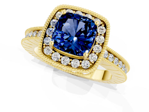 Yellow gold Cushion Cut Halo Diamond Engagement Ring with Milgrain Pave Band and Four-Prong Setting_1