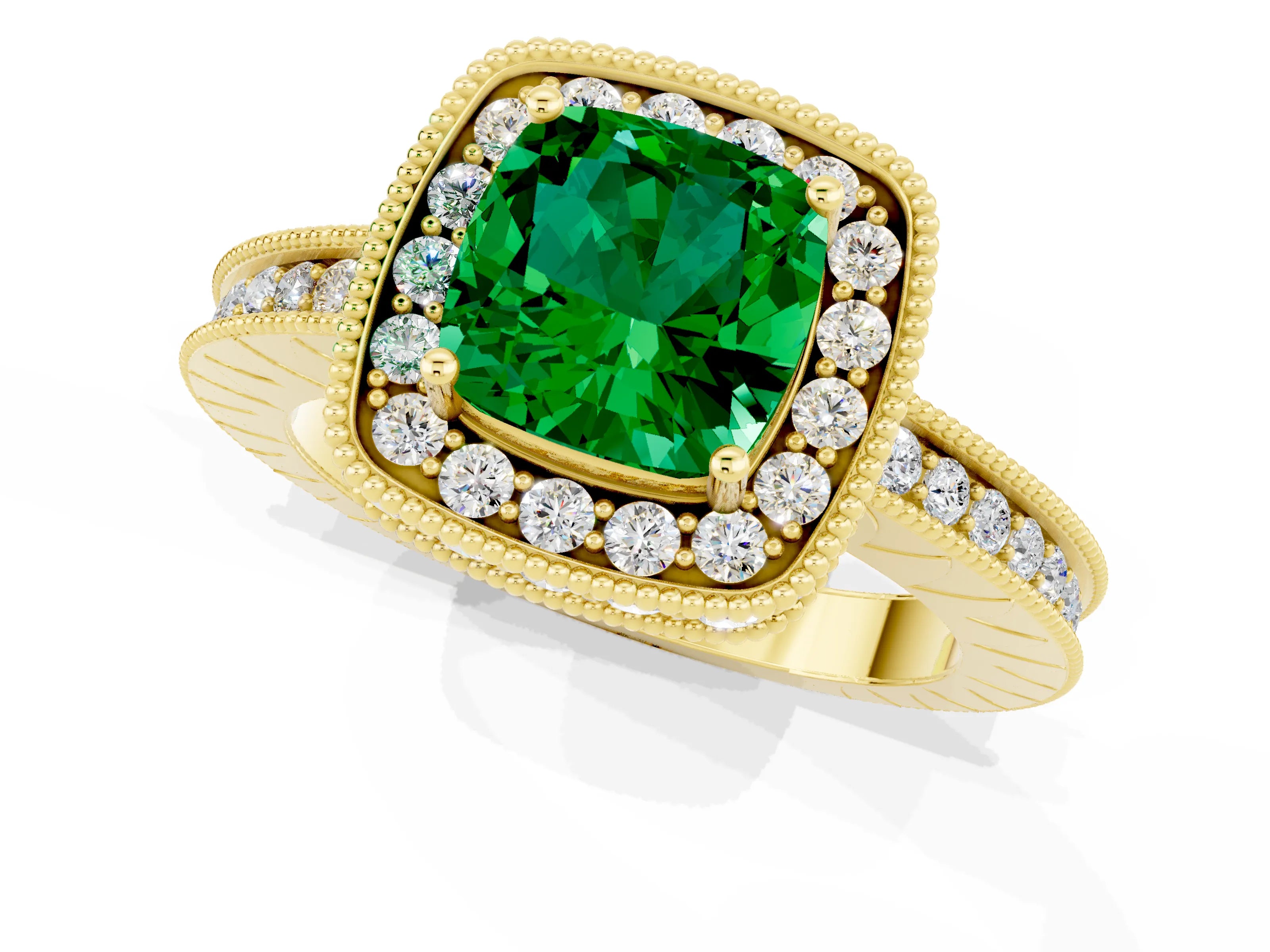 Yellow gold Cushion Cut Halo Diamond Engagement Ring with Milgrain Pave Band and Four-Prong Setting_1