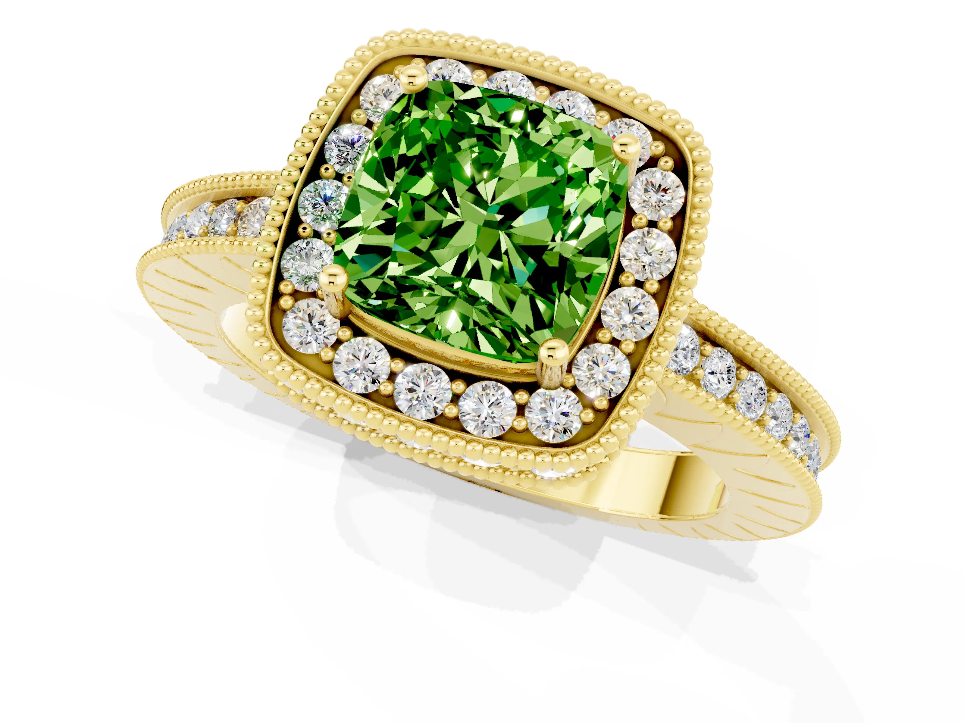 Yellow gold Cushion Cut Halo Diamond Engagement Ring with Milgrain Pave Band and Four-Prong Setting_1