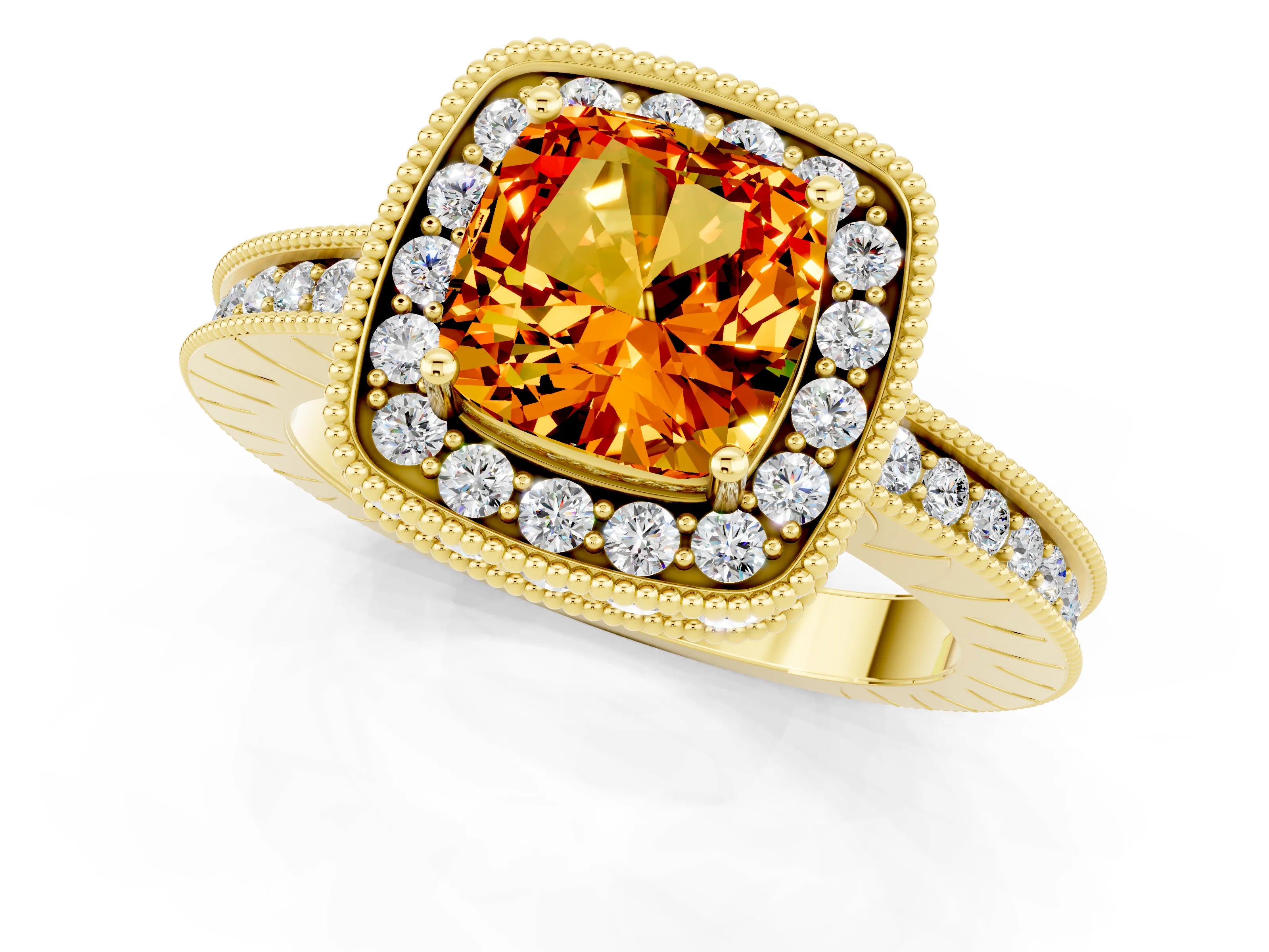 Yellow gold Cushion Cut Halo Diamond Engagement Ring with Milgrain Pave Band and Four-Prong Setting_1