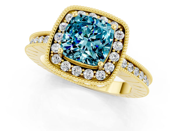 Yellow gold Cushion Cut Halo Diamond Engagement Ring with Milgrain Pave Band and Four-Prong Setting