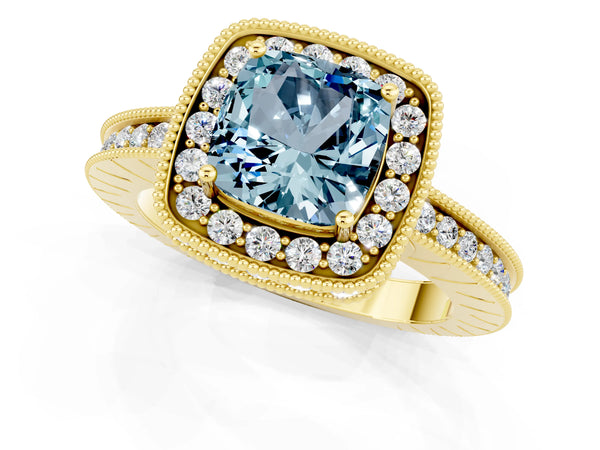 Yellow gold Cushion Cut Halo Diamond Engagement Ring with Milgrain Pave Band and Four-Prong Setting