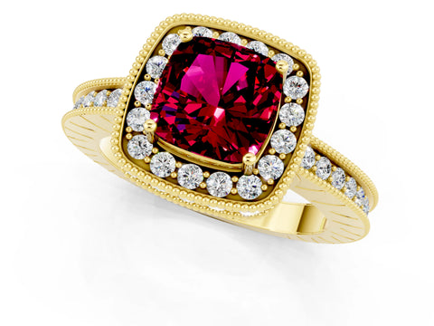 Yellow gold Cushion Cut Halo Diamond Engagement Ring with Milgrain Pave Band and Four-Prong Setting_1