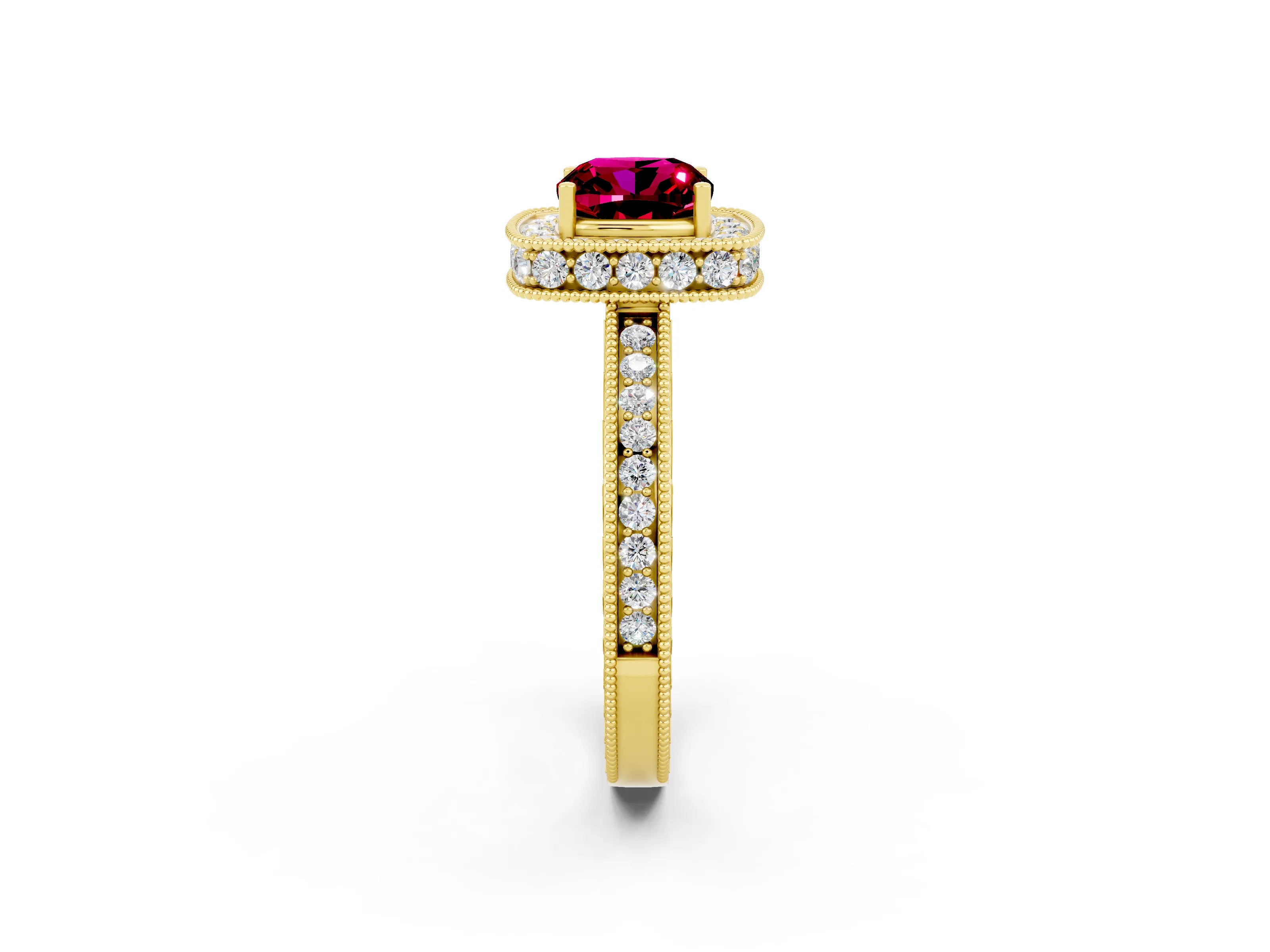 Yellow gold Cushion Cut Halo Diamond Engagement Ring with Milgrain Pave Band and Four-Prong Setting_2