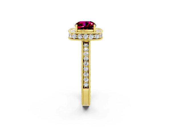 Yellow gold Cushion Cut Halo Diamond Engagement Ring with Milgrain Pave Band and Four-Prong Setting