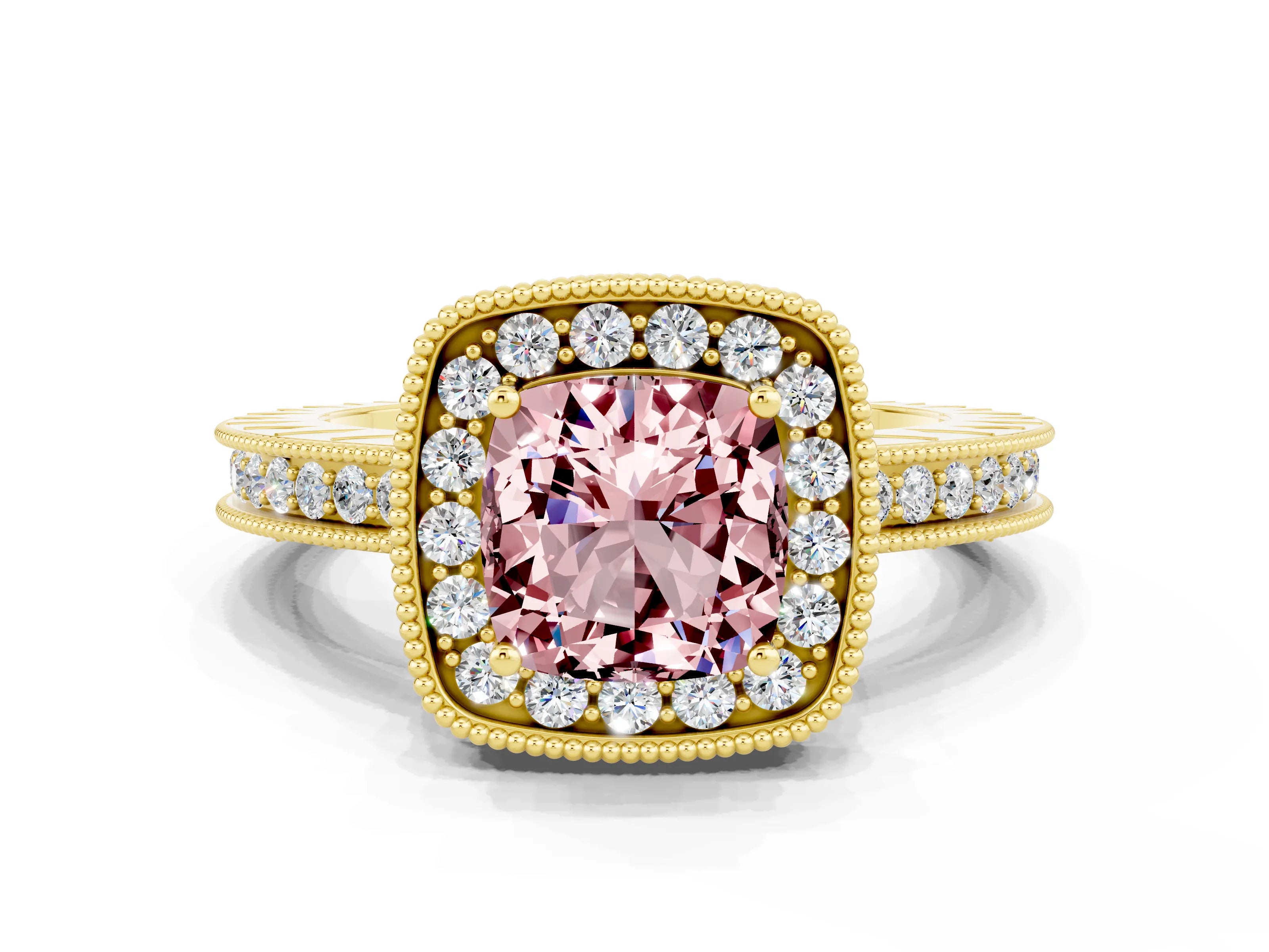 Yellow gold Cushion Cut Halo Diamond Engagement Ring with Milgrain Pave Band and Four-Prong Setting_20