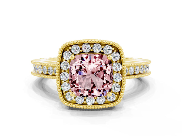 Yellow gold Cushion Cut Halo Diamond Engagement Ring with Milgrain Pave Band and Four-Prong Setting
