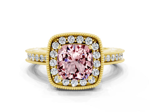Yellow gold Cushion Cut Halo Diamond Engagement Ring with Milgrain Pave Band and Four-Prong Setting_20