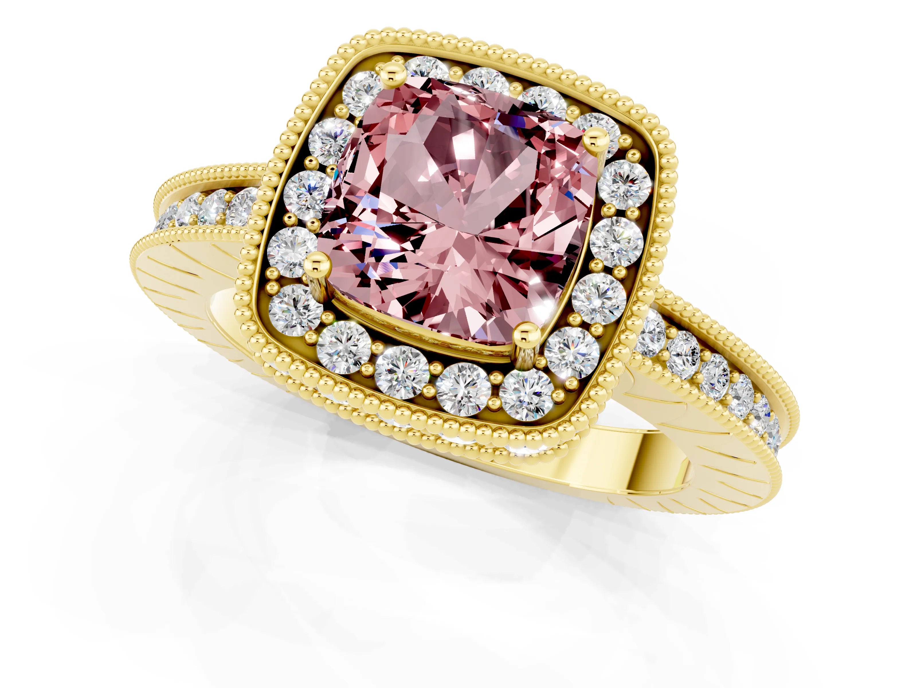 Yellow gold Cushion Cut Halo Diamond Engagement Ring with Milgrain Pave Band and Four-Prong Setting_21