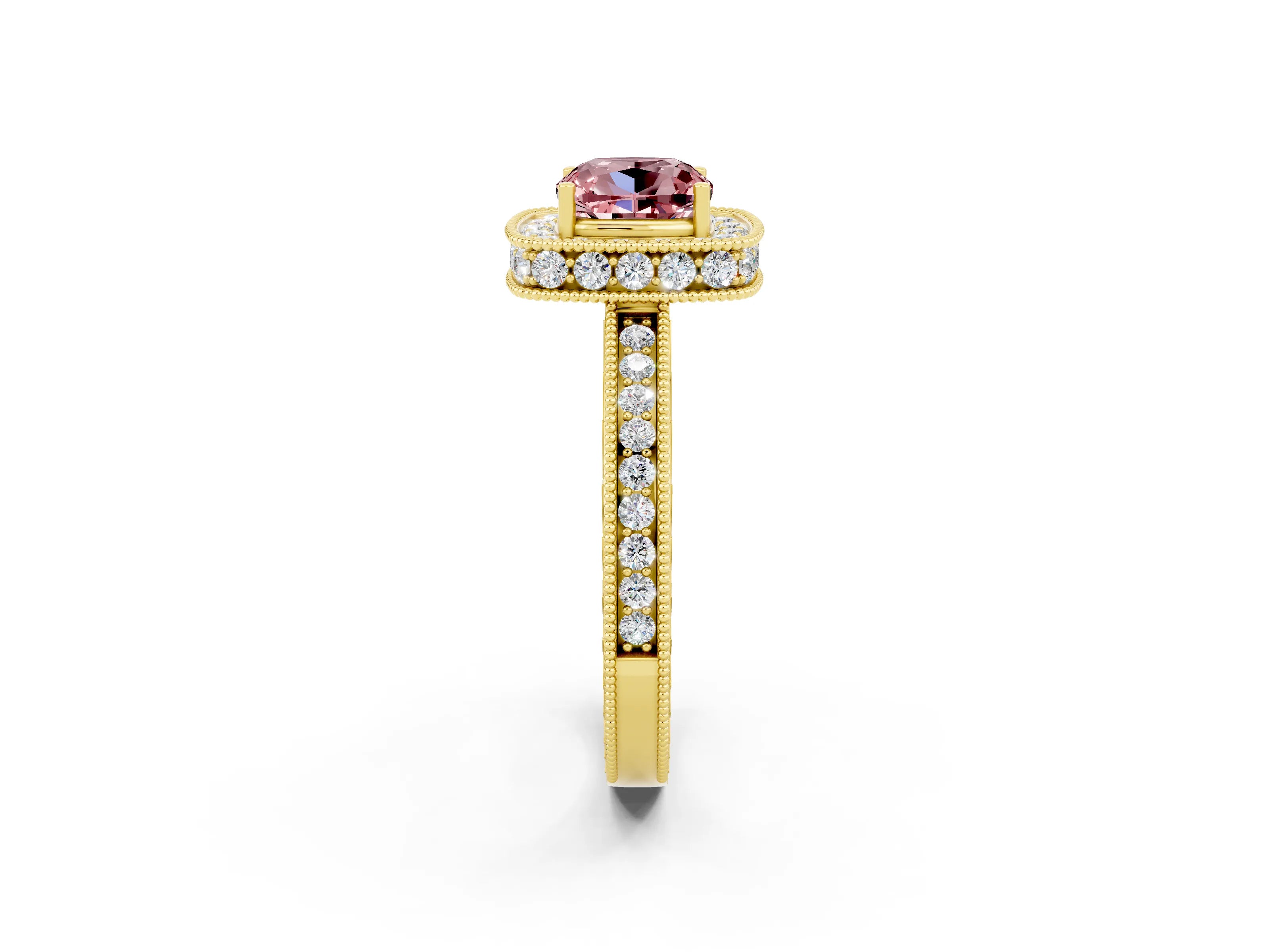 Yellow gold Cushion Cut Halo Diamond Engagement Ring with Milgrain Pave Band and Four-Prong Setting_22