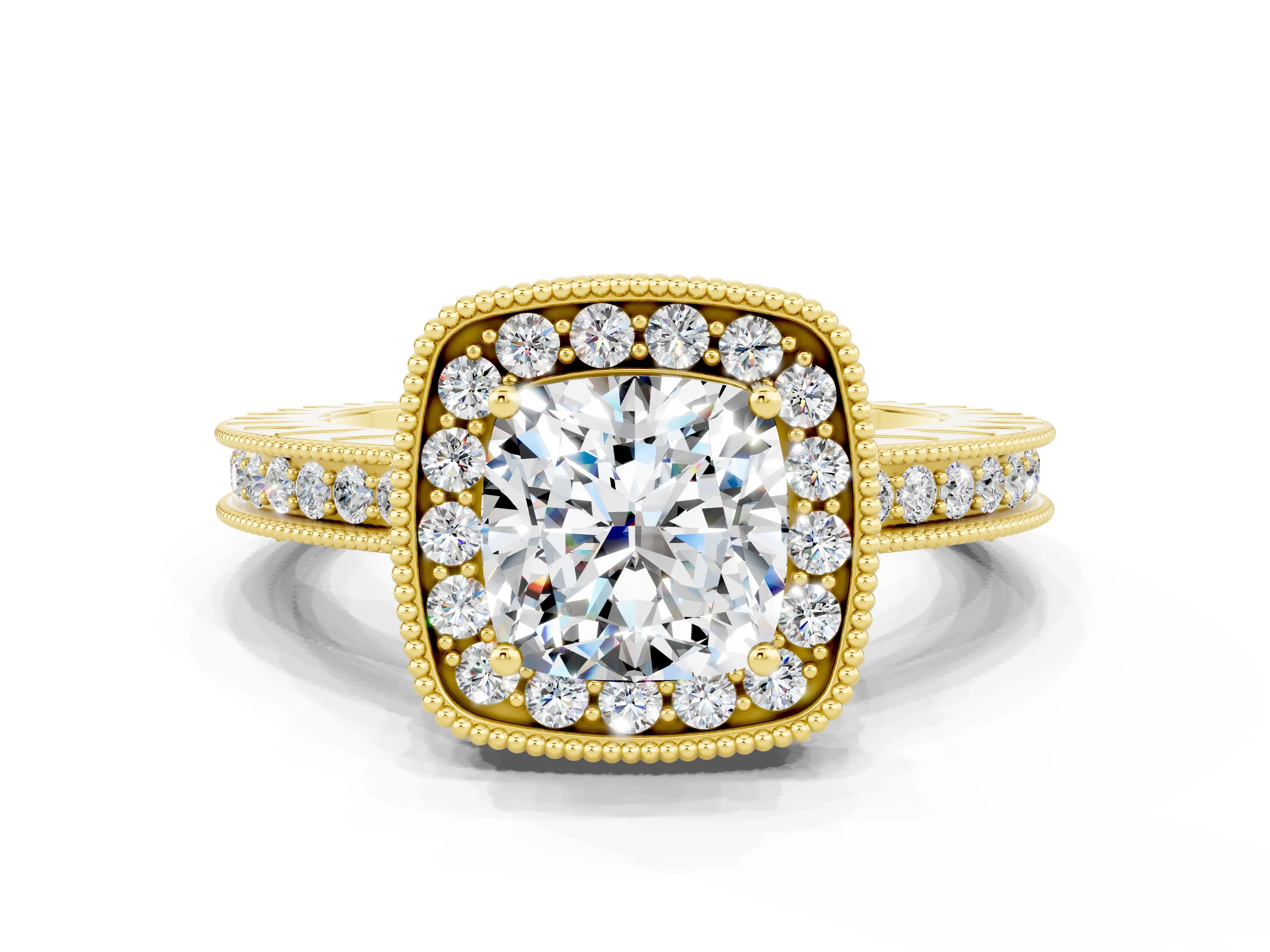 Yellow gold Cushion Cut Halo Diamond Engagement Ring with Milgrain Pave Band and Four-Prong Setting_23