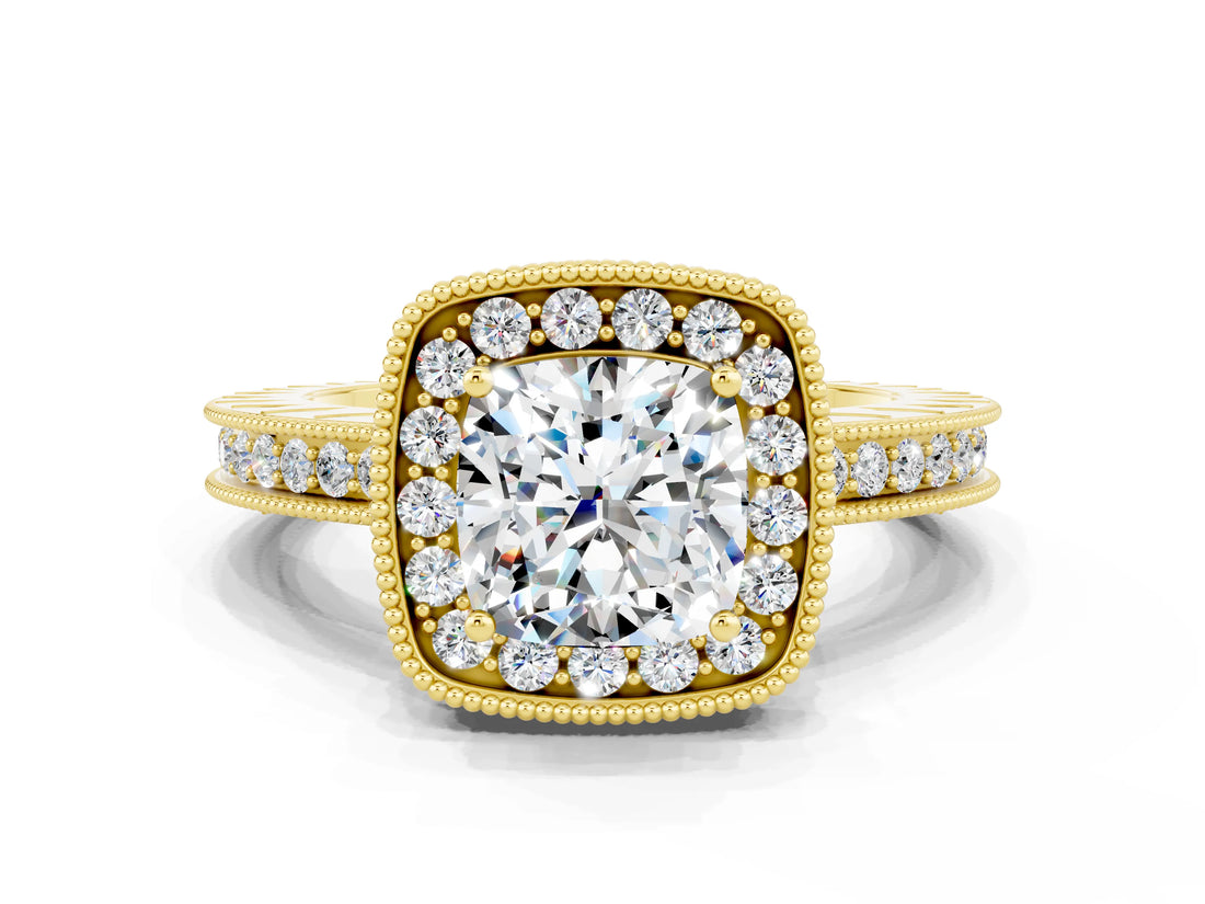 Yellow gold Cushion Cut Halo Diamond Engagement Ring with Milgrain Pave Band and Four-Prong Setting_23