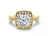 Yellow gold Cushion Cut Halo Diamond Engagement Ring with Milgrain Pave Band and Four-Prong Setting_23