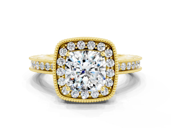 Yellow gold Cushion Cut Halo Diamond Engagement Ring with Milgrain Pave Band and Four-Prong Setting