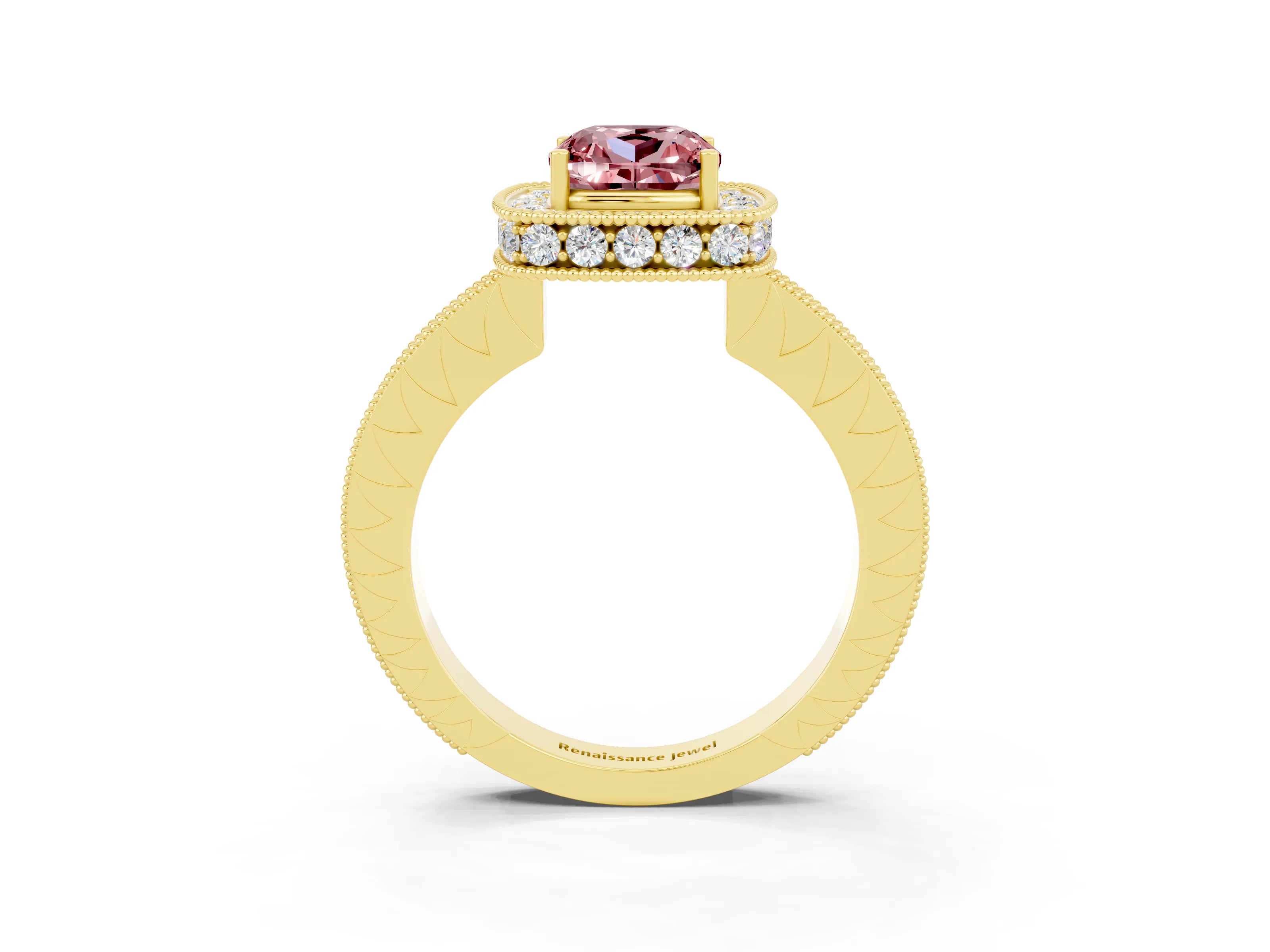 Yellow gold Cushion Cut Halo Diamond Engagement Ring with Milgrain Pave Band and Four-Prong Setting_23