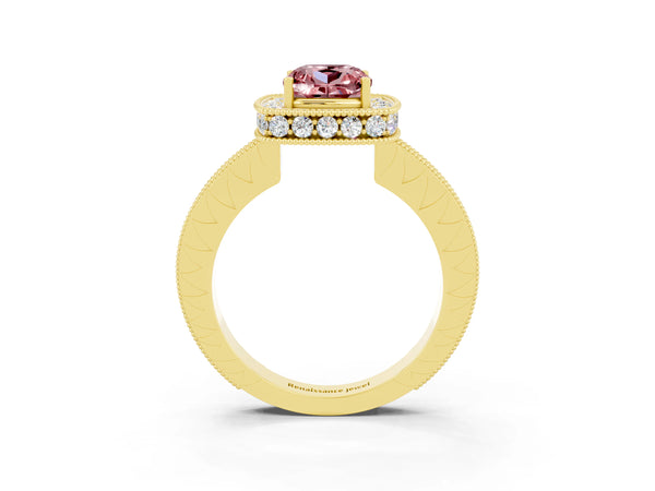 Yellow gold Cushion Cut Halo Diamond Engagement Ring with Milgrain Pave Band and Four-Prong Setting