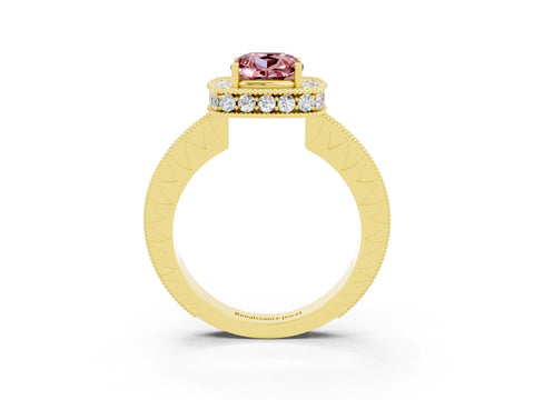Yellow gold Cushion Cut Halo Diamond Engagement Ring with Milgrain Pave Band and Four-Prong Setting_23
