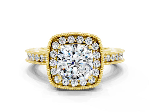 Yellow gold Cushion Cut Halo Diamond Engagement Ring with Milgrain Pave Band and Four-Prong Setting_23