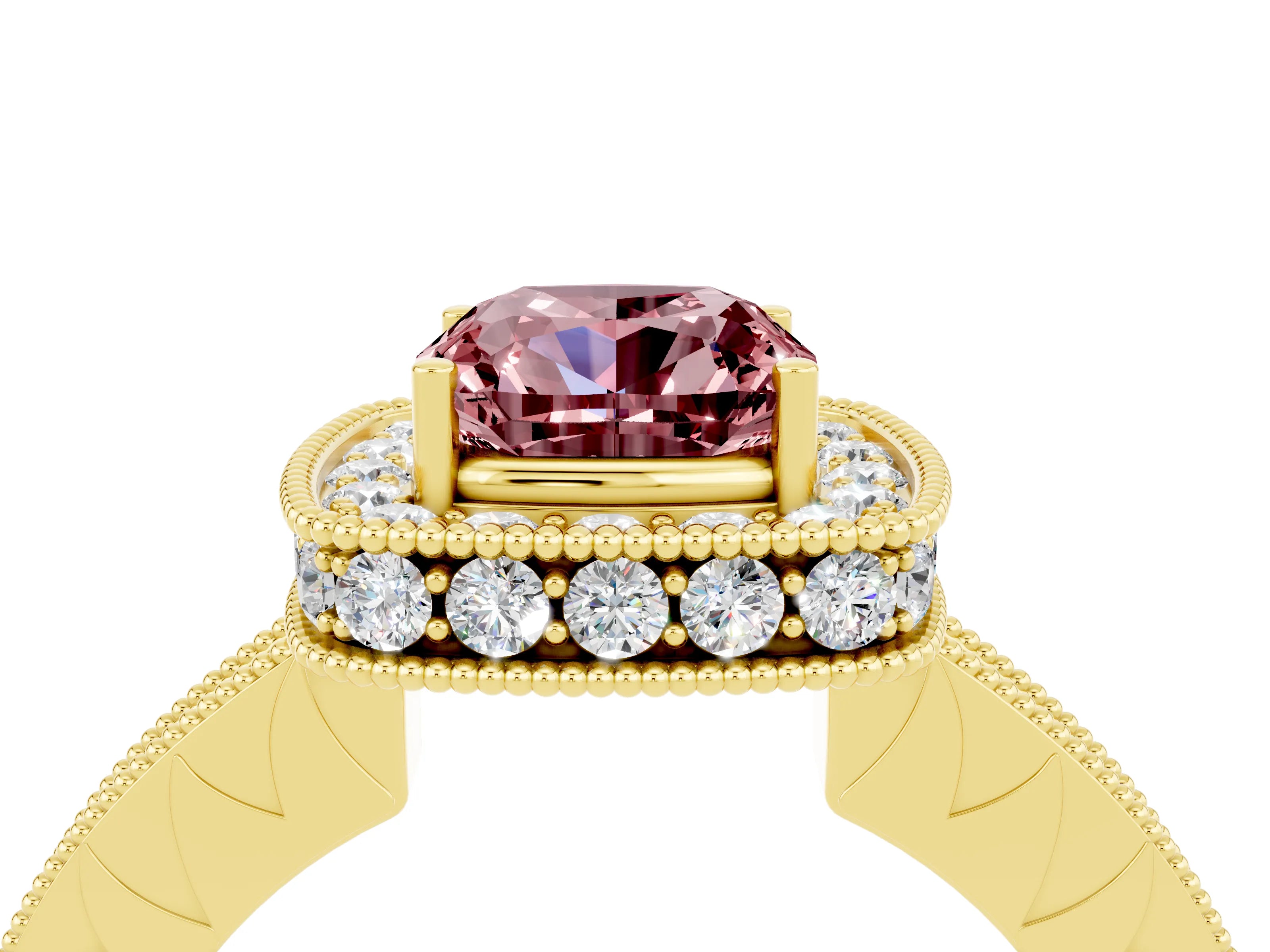 Yellow gold Cushion Cut Halo Diamond Engagement Ring with Milgrain Pave Band and Four-Prong Setting_24