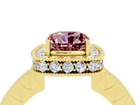 Yellow gold Cushion Cut Halo Diamond Engagement Ring with Milgrain Pave Band and Four-Prong Setting_24