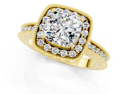 Yellow gold Cushion Cut Halo Diamond Engagement Ring with Milgrain Pave Band and Four-Prong Setting_24