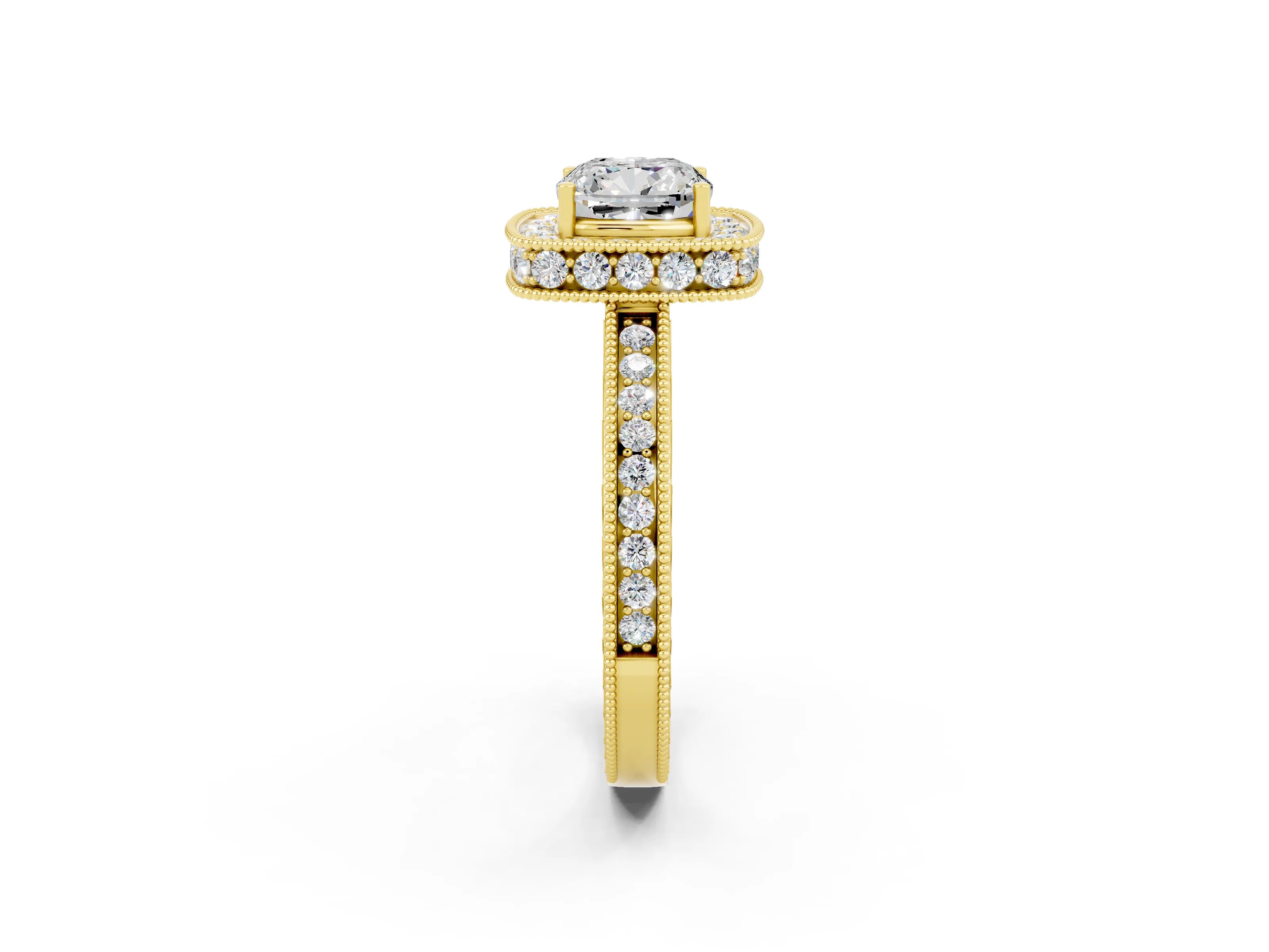 Yellow gold Cushion Cut Halo Diamond Engagement Ring with Milgrain Pave Band and Four-Prong Setting_25