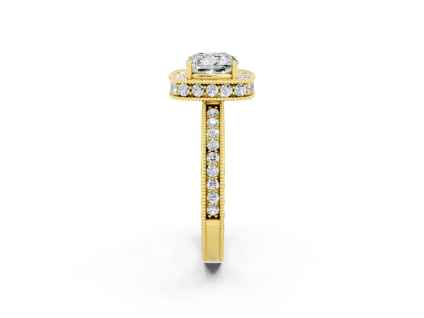 Yellow gold Cushion Cut Halo Diamond Engagement Ring with Milgrain Pave Band and Four-Prong Setting