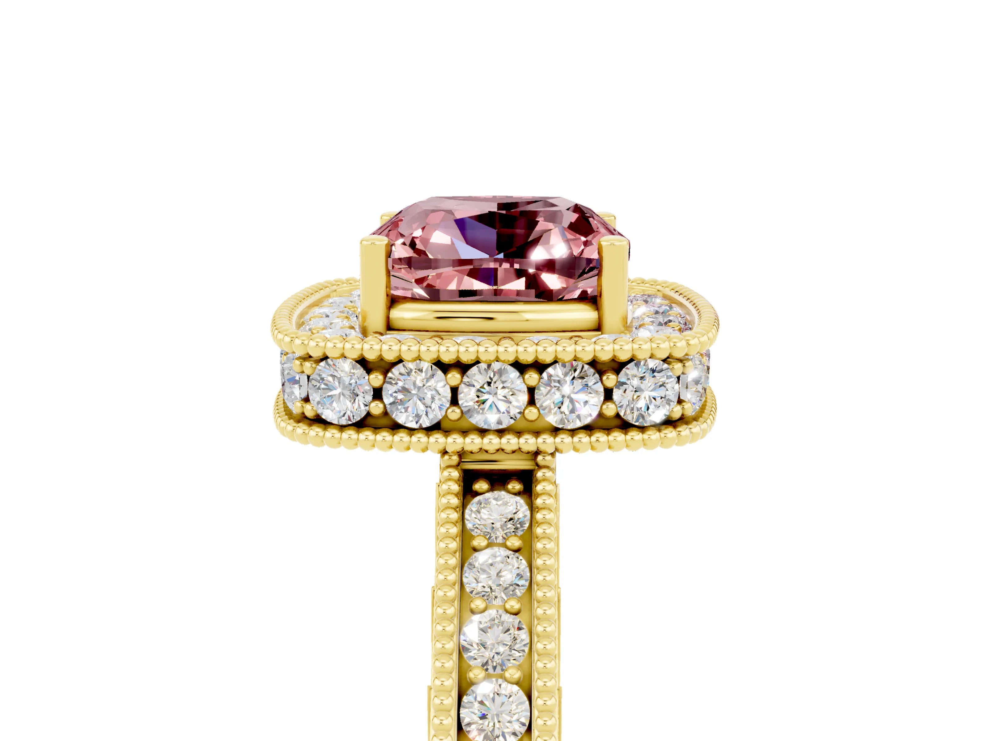 Yellow gold Cushion Cut Halo Diamond Engagement Ring with Milgrain Pave Band and Four-Prong Setting_25