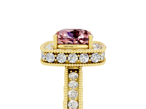 Yellow gold Cushion Cut Halo Diamond Engagement Ring with Milgrain Pave Band and Four-Prong Setting_25