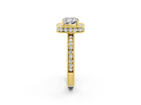 Yellow gold Cushion Cut Halo Diamond Engagement Ring with Milgrain Pave Band and Four-Prong Setting_25