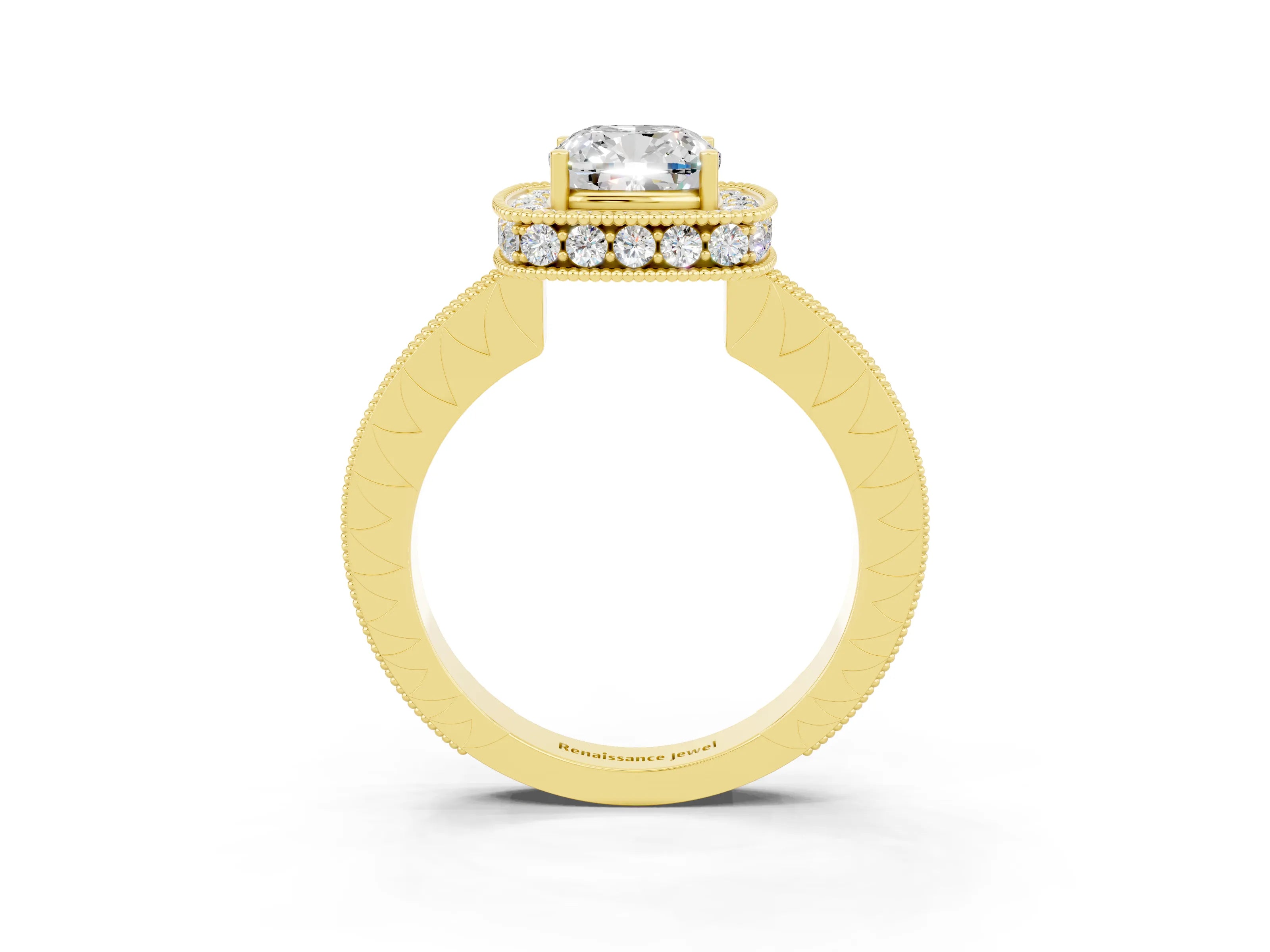 Yellow gold Cushion Cut Halo Diamond Engagement Ring with Milgrain Pave Band and Four-Prong Setting_26