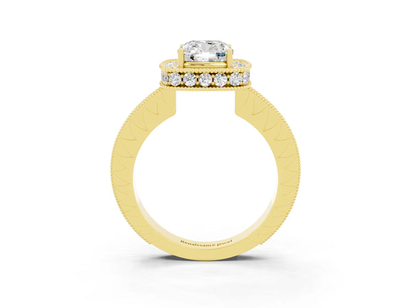 Yellow gold Cushion Cut Halo Diamond Engagement Ring with Milgrain Pave Band and Four-Prong Setting