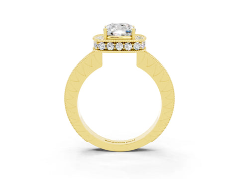 Yellow gold Cushion Cut Halo Diamond Engagement Ring with Milgrain Pave Band and Four-Prong Setting_26