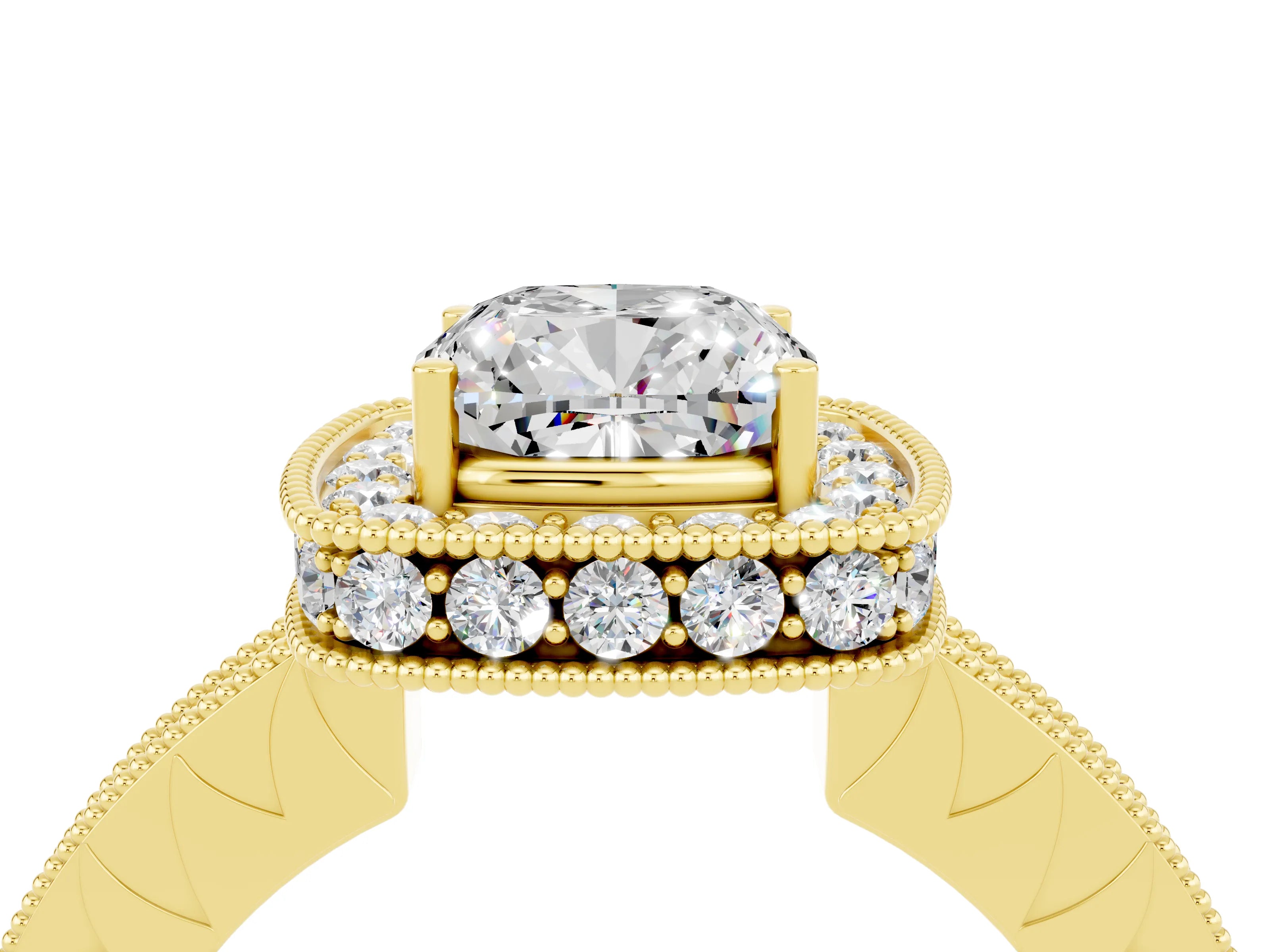 Yellow gold Cushion Cut Halo Diamond Engagement Ring with Milgrain Pave Band and Four-Prong Setting_27