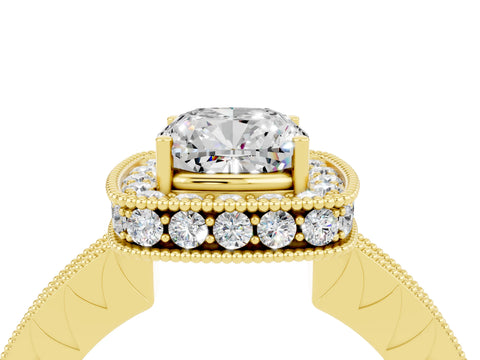 Yellow gold Cushion Cut Halo Diamond Engagement Ring with Milgrain Pave Band and Four-Prong Setting_27