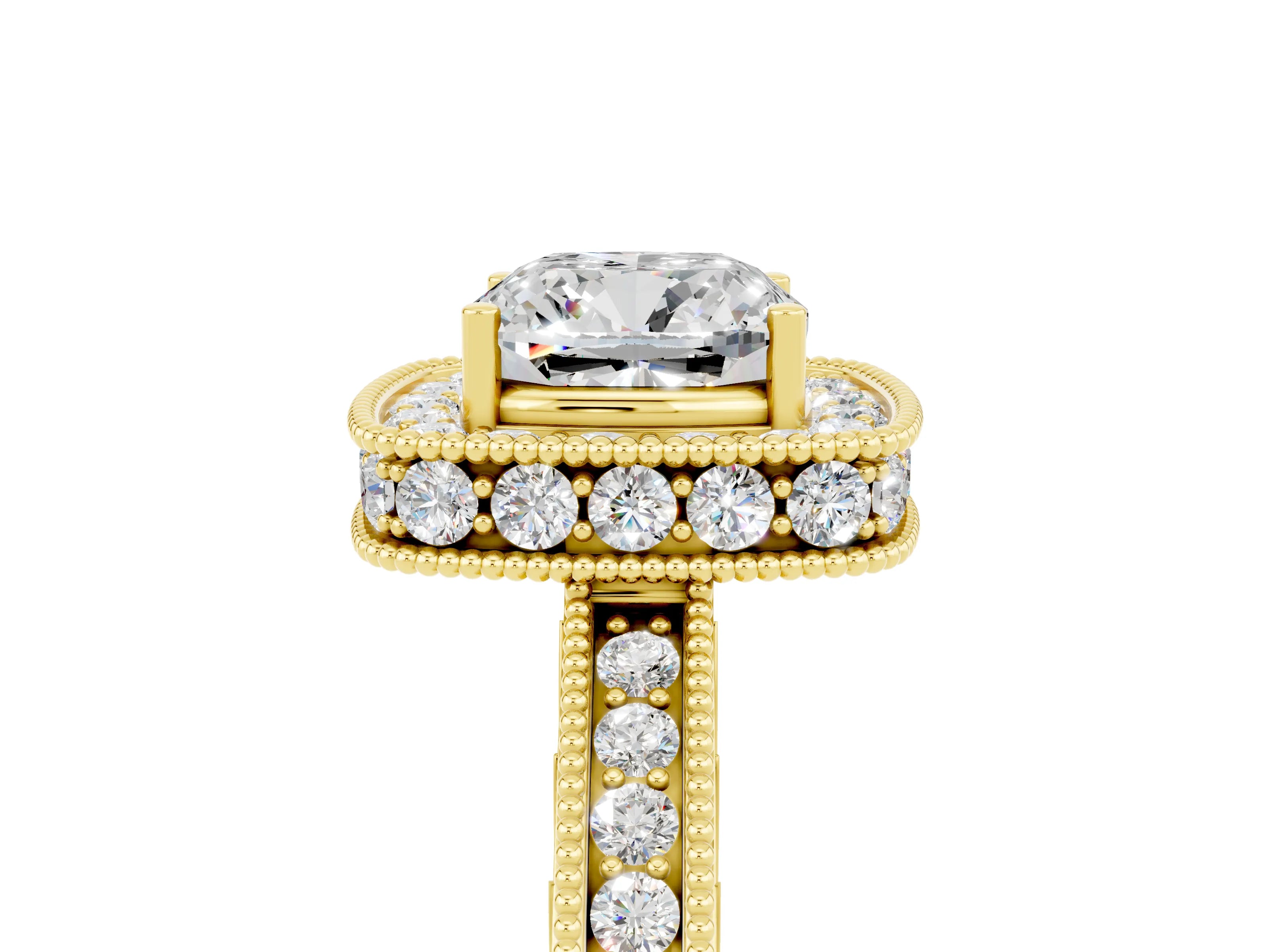 Yellow gold Cushion Cut Halo Diamond Engagement Ring with Milgrain Pave Band and Four-Prong Setting_28