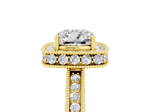 Yellow gold Cushion Cut Halo Diamond Engagement Ring with Milgrain Pave Band and Four-Prong Setting_28
