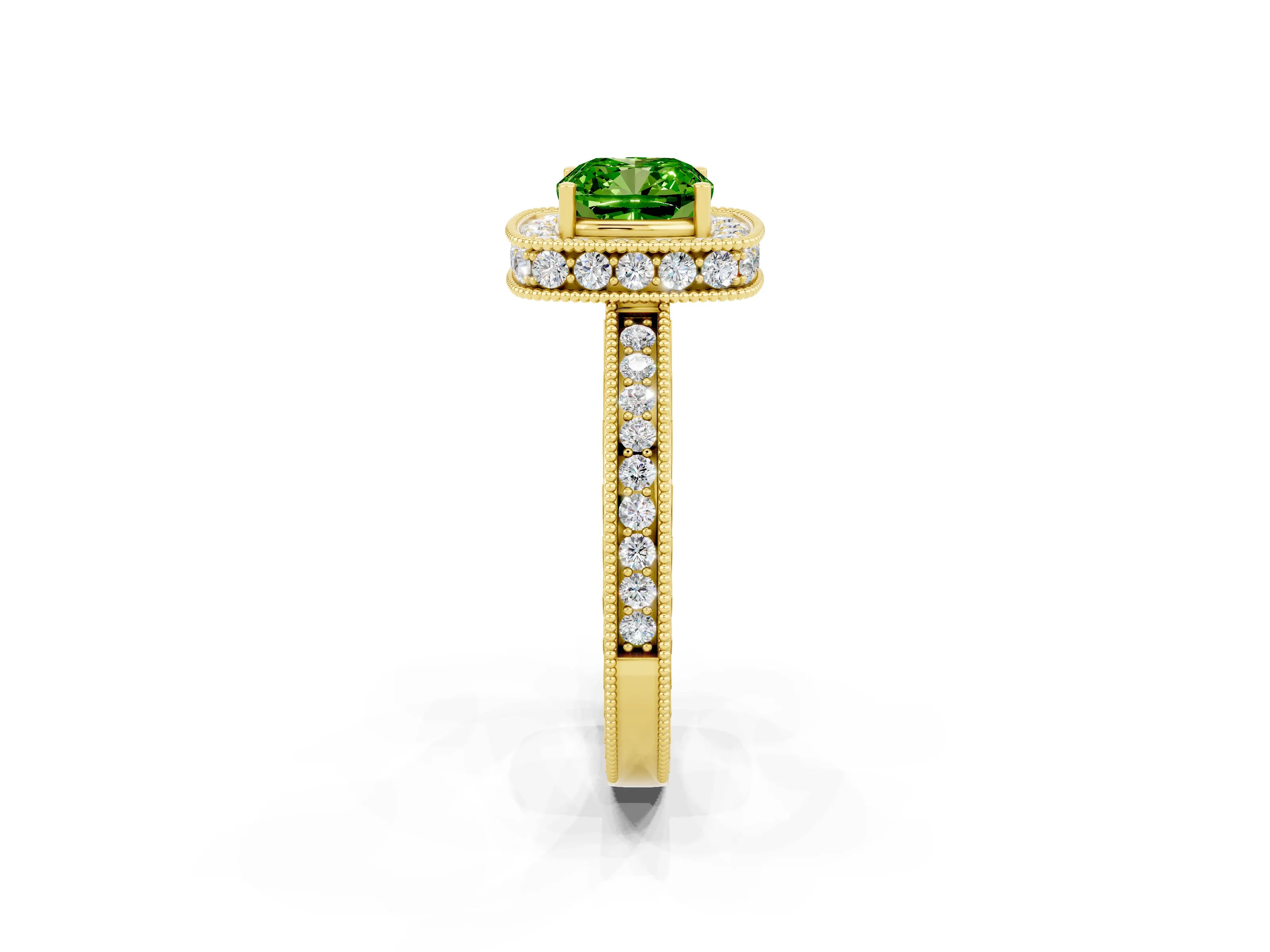 Yellow gold Cushion Cut Halo Diamond Engagement Ring with Milgrain Pave Band and Four-Prong Setting_2