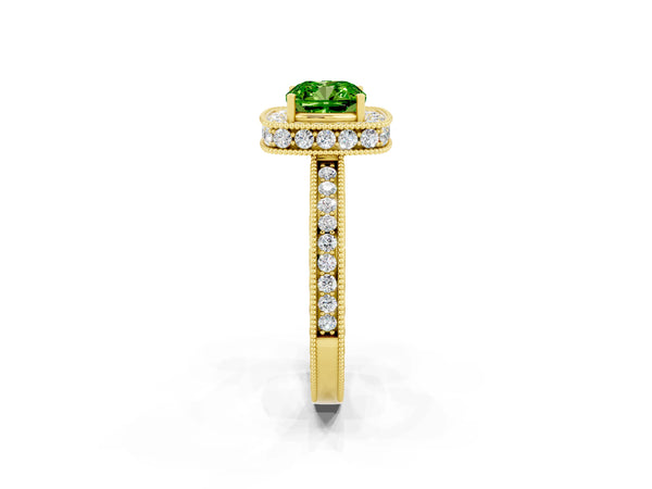 Yellow gold Cushion Cut Halo Diamond Engagement Ring with Milgrain Pave Band and Four-Prong Setting