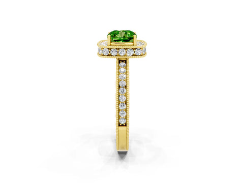 Yellow gold Cushion Cut Halo Diamond Engagement Ring with Milgrain Pave Band and Four-Prong Setting_2