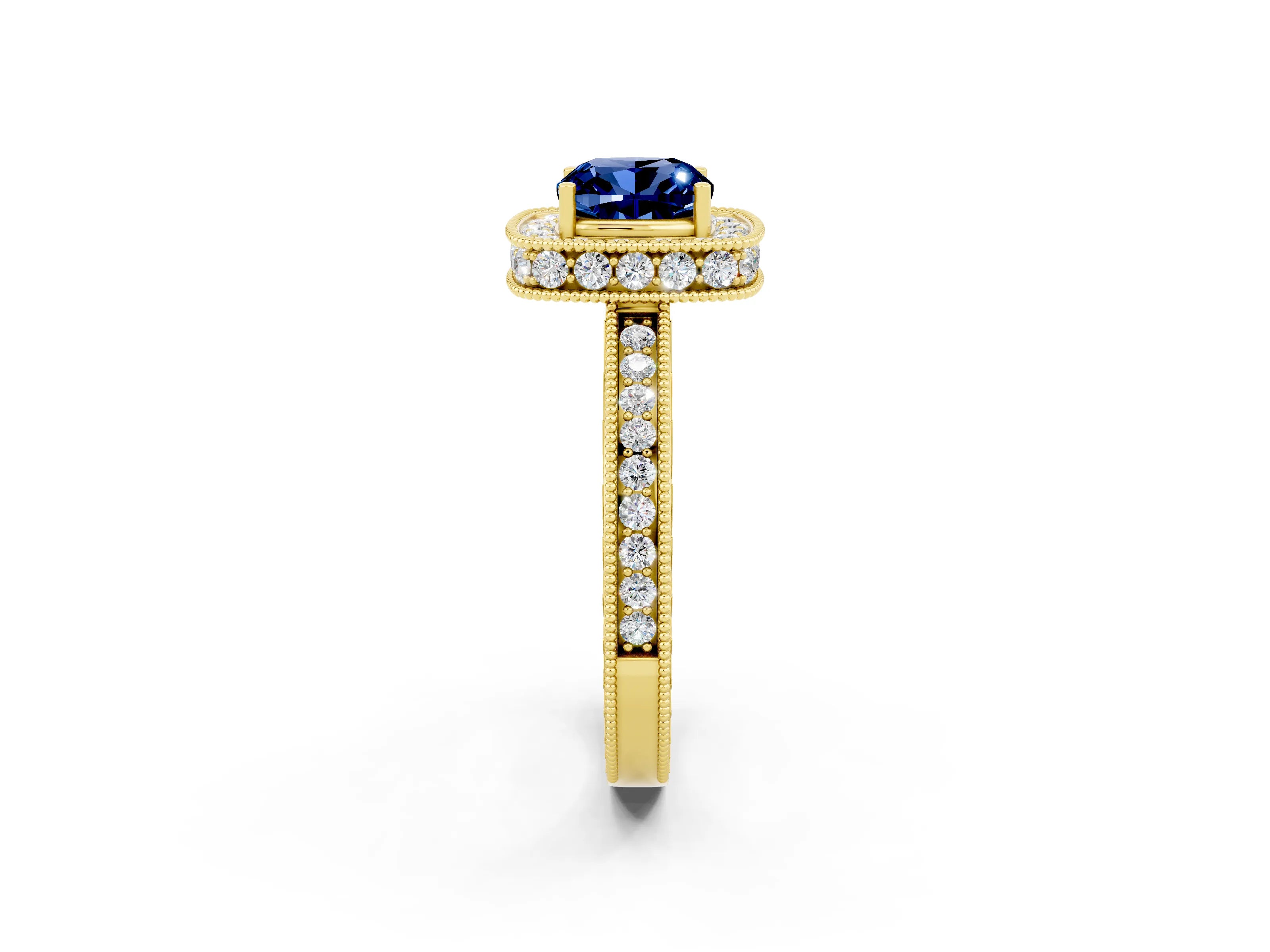 Yellow gold Cushion Cut Halo Diamond Engagement Ring with Milgrain Pave Band and Four-Prong Setting_2