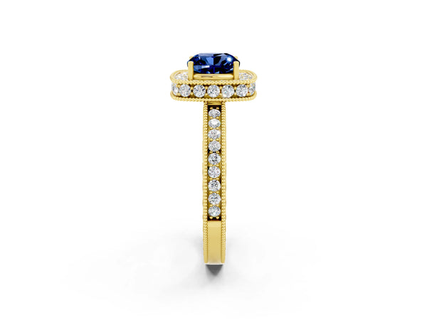 Yellow gold Cushion Cut Halo Diamond Engagement Ring with Milgrain Pave Band and Four-Prong Setting