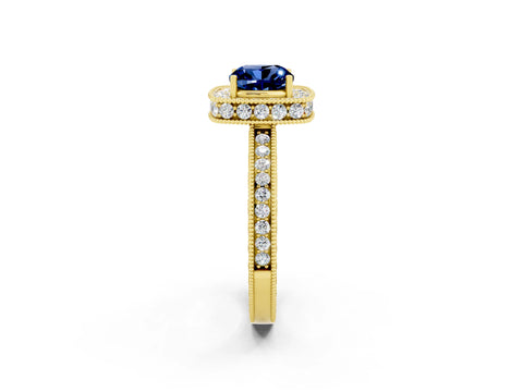Yellow gold Cushion Cut Halo Diamond Engagement Ring with Milgrain Pave Band and Four-Prong Setting_2